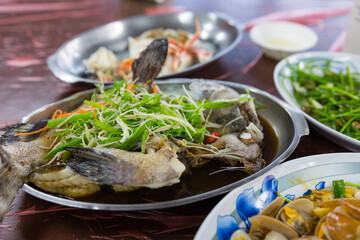 Steamed fish in seafood restaurants