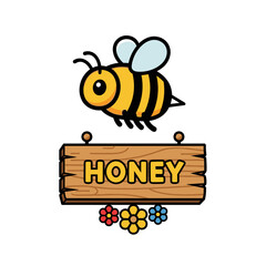 Obraz premium Happy Cartoon Bee Flying Above Wooden Honey Sign and Flowers