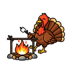 Festive Cartoon Turkey Character Roasting Marshmallows Over Campfire