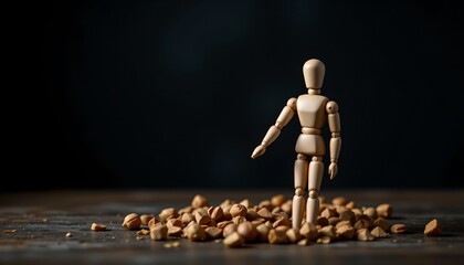 An animated doll stands atop scattered coffee beans against a dark background.