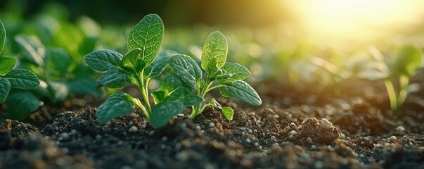Fototapeta premium Young green sprout growing in soil during a sunny morning