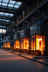 Naklejka premium A glass manufacturing plant with molten glass glowing in furnaces An AI system is controlling cooling times The mood feels steady and professional, Generative AI