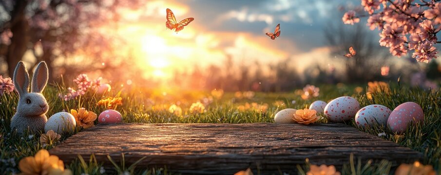 Easter eggs and flowers in a sunlit spring garden with butterflies