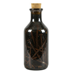 Ancient witch bottle made of dark aged glass with irregular texture, cork stopper, filled with rusty iron nails, sharp dried thorns, murky black liquid on transparent background, high contrast