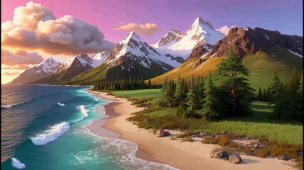 Vector animation landscape. Aerial view over sea, shore, land and rolling hills. Mountains and billowing clouds in background. - Powered by Adobe