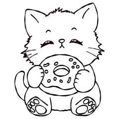 cute cat eating donut design for sticker, logo, emoji, worksheet, presentation , report cover ,print ,coloring