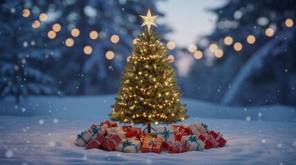 Photo of a beautifully decorated christmas tree stands in a snowy forest at night, adorned with lights and topped with a star, surrounded by wrapped gifts