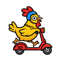 Cartoon Yellow Chicken Riding Red Scooter Vector Illustration