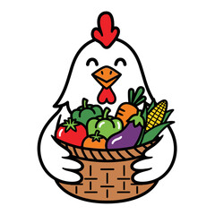Cartoon Chicken Holding Basket of Fresh Vegetables Vector Illustration