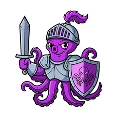 Cartoon Purple Octopus Knight with Sword and Shield Vector Illustration