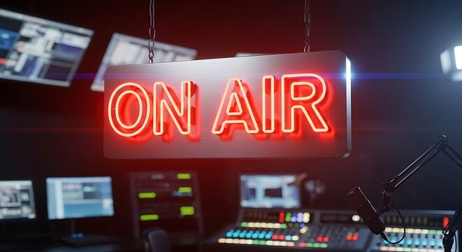 Vibrant On Air Sign Illuminating a Professional Radio Broadcasting Studio Setup