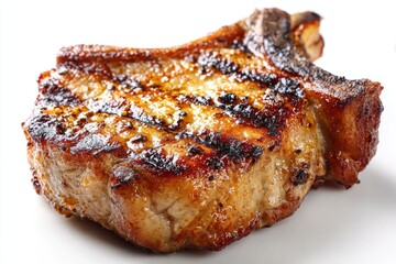 Close-up of a grilled pork chop.  Golden-brown, well-seasoned, and cooked to a nice doneness.  Crisp grill marks are evident