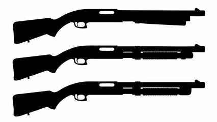Three black shotgun silhouettes aligned vertically on a white background showing weapon details | editable eps vectors