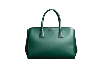 Emerald green leather handbag with top handles isolated on a transparent background accessory