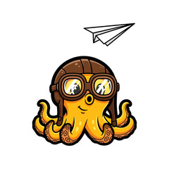 Adventurous Cartoon Yellow Octopus Pilot with Aviator Hat and Paper Airplane Vector