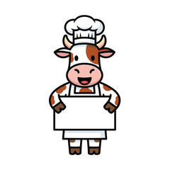 Smiling Cartoon Cow Chef with Hat and Apron Holding Blank Sign Vector Illustration