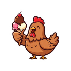 Cheerful Cartoon Brown Chicken Holding Ice Cream Cone Vector Illustration