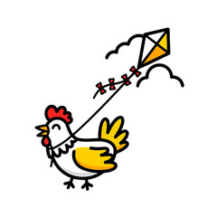 Playful Cartoon White Chicken Flying a Yellow Kite Vector Illustration