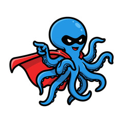 Brave Cartoon Blue Octopus Superhero with Mask and Cape Vector Illustration