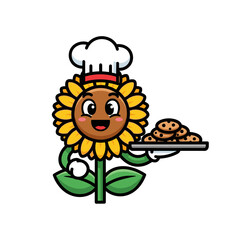 Cute Cartoon Sunflower Chef Holding a Tray of Freshly Baked Cookies