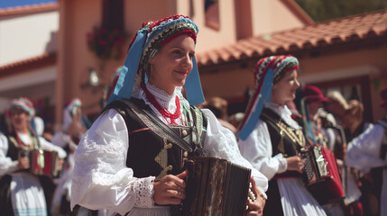 Musicians in traditional Portuguese attire playing at Festival do Peixe de Sagres, blending cultural heritage, folk music, and seafood celebrations in Sagres, Portugal