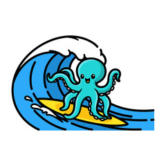 Cheerful Cartoon Blue Octopus Surfing a Big Ocean Wave