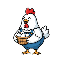 Friendly Cartoon Chicken in Overalls Holding a Basket of Eggs