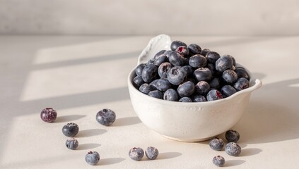 Fresh blueberries in a ceramic bowl. Close-up, free space for text.