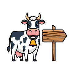 Cute Cartoon Cow with a Bell Standing Next to a Wooden Directional Sign