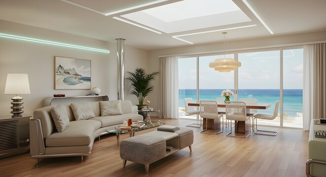 Neutral interior living room showcases modern design. Bright light creates inviting atmosphere. Use for home decor, interior design, real estate.