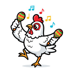 Funny Cartoon Chicken Playing Maracas and Dancing with Music Notes