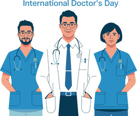 Illustration of three doctors in uniform for international doctor's day celebration banner