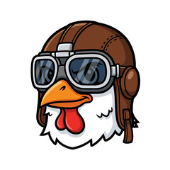 Cartoon Chicken Head with Aviator Pilot Helmet and Goggles