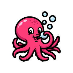 Cute Cartoon Pink Octopus Blowing Bubbles Illustration
