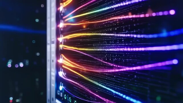 Illuminated fiber optic cables transmitting data, server equipment, network connection - Powered by Adobe