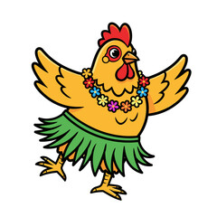 Funny Cartoon Chicken Dancing Hula with Skirt and Lei
