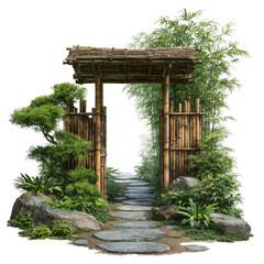 Bamboo gate with zen garden design wooden path bonsai tree lush green plants tranquil atmosphere natural stone Japanese style peaceful outdoor [Transparent Background PNG]