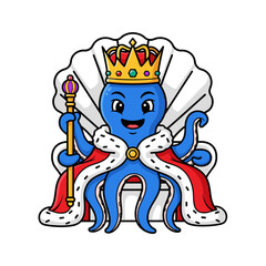 Cartoon Octopus King on Shell Throne with Crown and Scepter