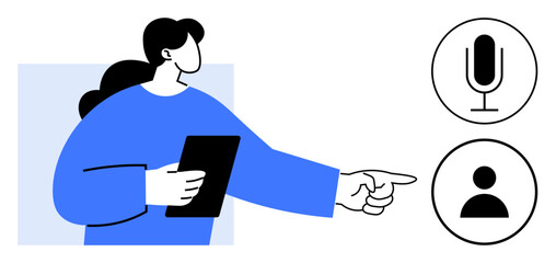 Woman holding tablet pointing toward microphone and user icons, symbolizing accessibility, voice interaction, and user-centered design. Ideal for communication, teamwork, technology, interface, app