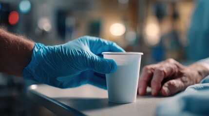 Close-up of gloved male hands setting a medication cup with water on a bedside table next to the hand of a resting patient, illuminated by soft hospital lighting