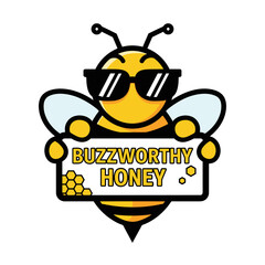 Obraz premium Cool Cartoon Bee with Sunglasses Holding Buzzworthy Honey Sign