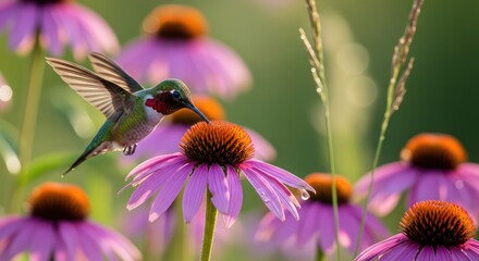 Ruby-Throated Hummingbird Feeding on Purple Coneflower in a Summer Garden