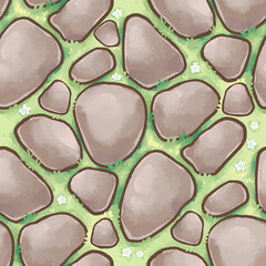 Stone seamless Pattern with grass and flower for terrain texture in soft pastel, cute colors for games, collection, assets, floor, or background,  and wallpaper