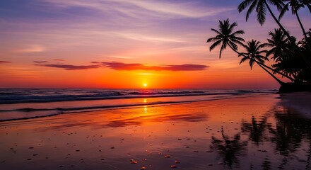 Tropical beach sunset with palm trees reflecting in the wet sand providing serenity and beauty