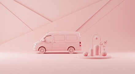 Minimalist pink van and abstract sculpture on a soft pink background