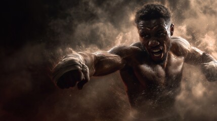 a powerful athlete mid-punch, intense lighting, explosive background, motion blur on fist, dynamic pose