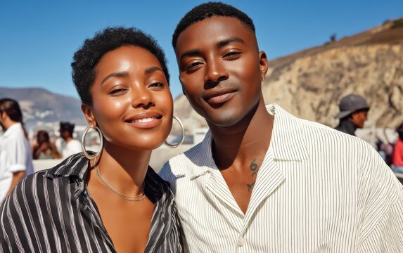 Young couple taking a cheerful selfie outdoors on a sunny day