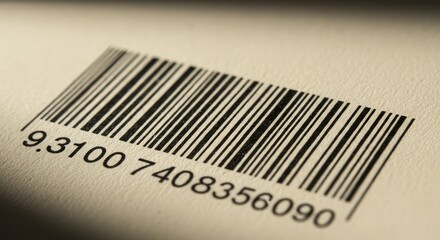 Detailed close-up of a black barcode with numbers on a light beige textured surface creating a modern and clean retail or product identification concept