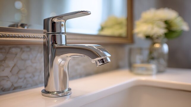Sleek chrome faucet in a modern bathroom setting with floral decor and elegant mirror. - Powered by Adobe