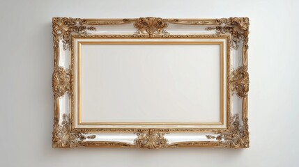 a wooden frame with antique work on the corners hanging o white wall 